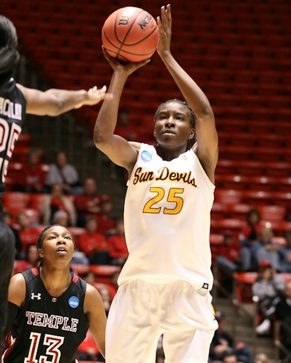 Breakout season: ASU junior forward Kimberly Brandon takes a jumper during the Sun Devils loss to Temple in the first round of the NCAA Tournament on March 19. Brandon had a strong year, averaging more than nine points a game. (Photo courtesy of Steve Rodriguez)