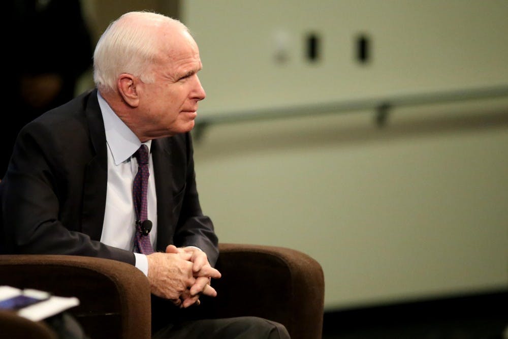 Arizona Senator John McCain listens to questions from the audience at the Cronkite School in downtown Phoenix on Friday, Feb. 19, 2016. 