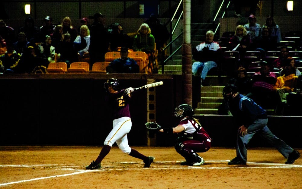 Junior Sun Devil Cheyenne Coyle swings at the plate in a home game on the Tempe Campus. The short stop is majoring in Health Sciences and was named the Pac-12 player of the week in her first week as a Sun Devil. (Photo by Dominic Valente) 