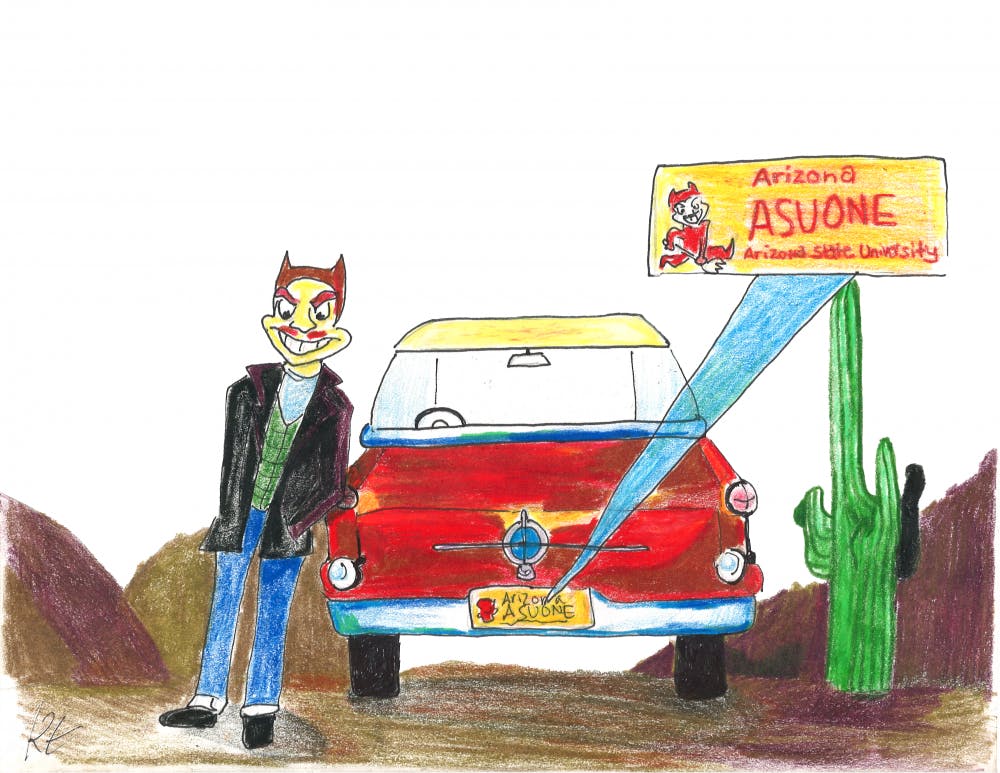 Sparky drives with an ASU license plate in this illustration published on Wednesday, Sept. 28, 2016.