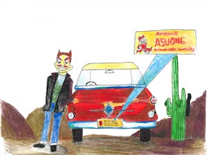 Sparky drives with an ASU license plate in this illustration published on Wednesday, Sept. 28, 2016.