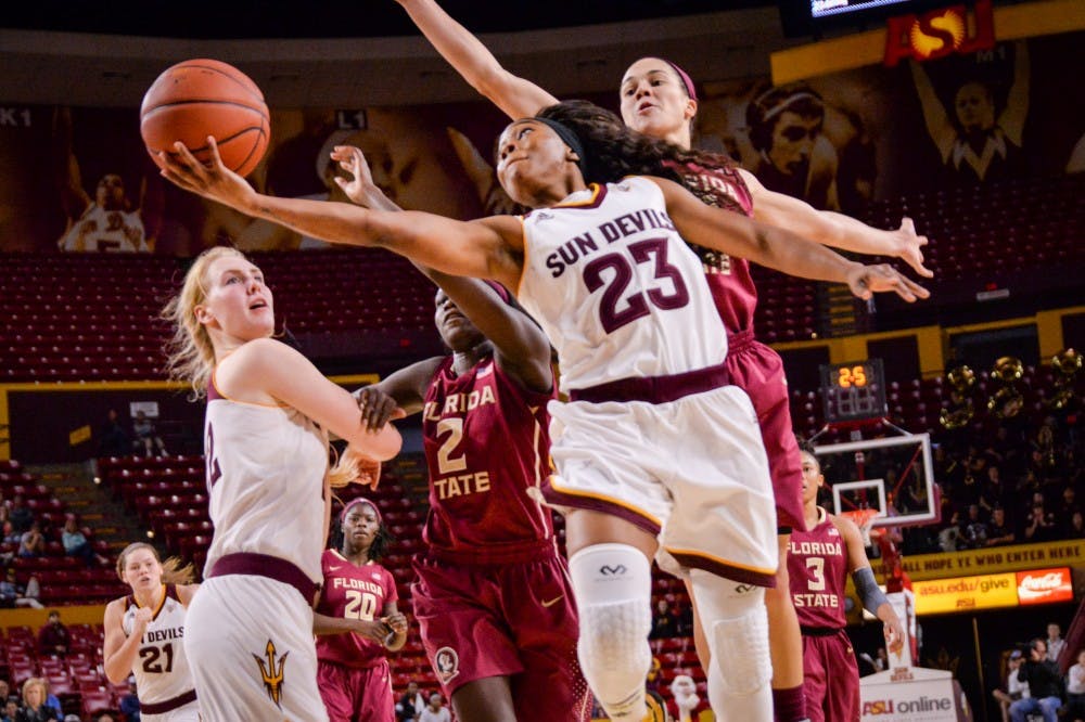 Senior Guard Elisha Davis jumps to score against the Florida State Seminoles during a game&nbsp;on Monday, Dec. 21, 2015, at the Wells Fargo Arena in Tempe.