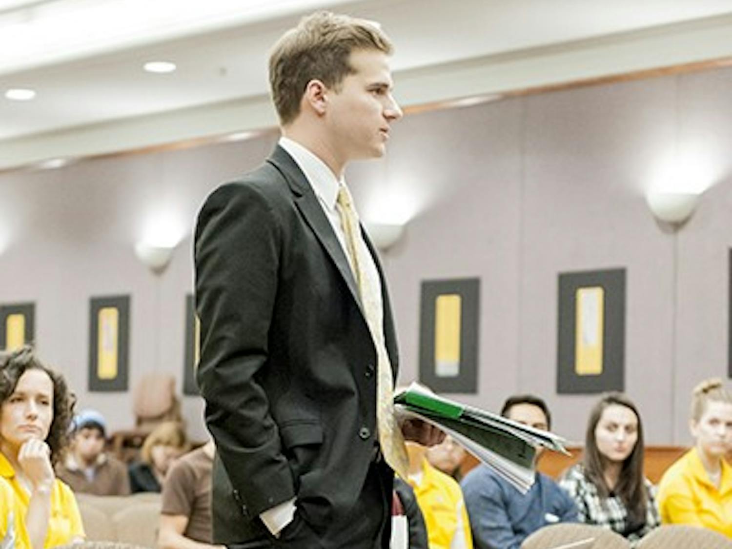 USG Senate President Will Smith speaks during a hearing before the USG Supreme Court in which former senator Isabelle Murray appealed her impeachment from the Senate. The court rejected Murray’s appeal 4-0. (Photo by Ben Moffat)
