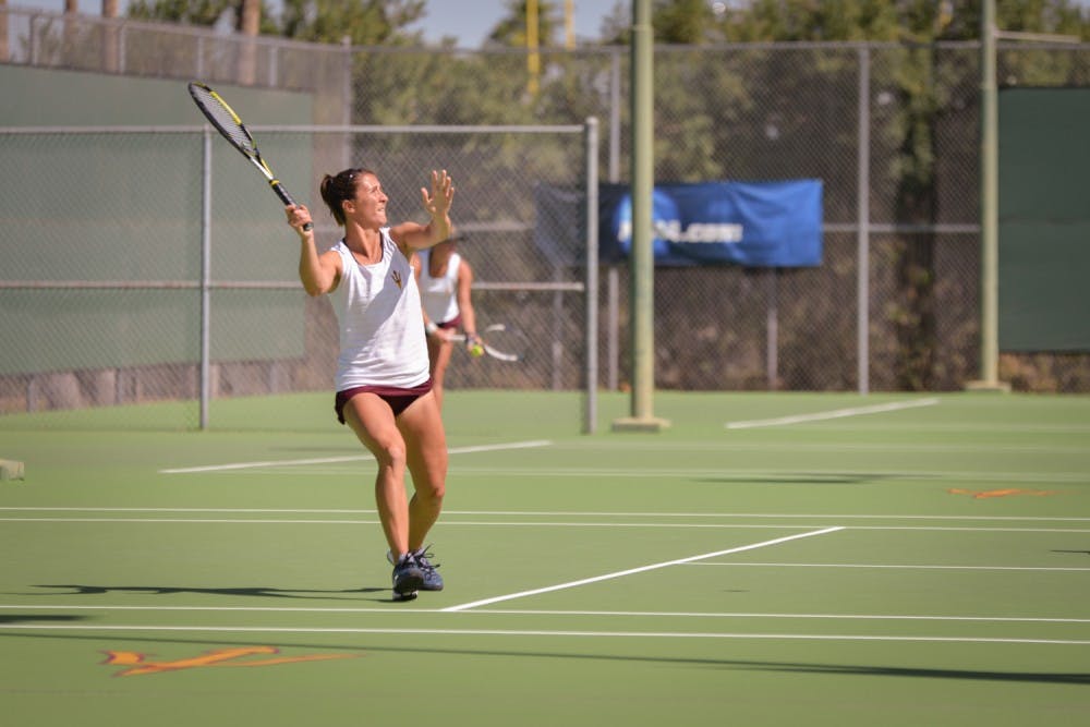 Senior&nbsp;Stephanie Vlad waits for the ball during a doubles match&nbsp;against the California Bears on Friday, March 4, 2016 at the Whiteman Tennis Center in Tempe, Ariz.