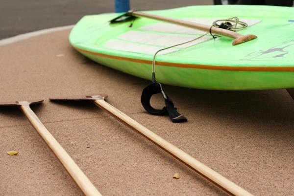 PADDLE ON: A paddleboard is prepped for use near the marina at Tempe Town Lake. As of Feb. 26, the lake is open for paddleboarding. 