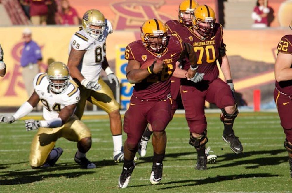 CHARGING FORWARD: Sophomore running back Cameron Marshall sprints downfield during Saturday's 55-34 ASU win over UCLA. Marshall finished the game with a touchdown and 148 yards on 17 carries, including a 71-yard touchdown run. (Photo by Aaron Lavinsky)