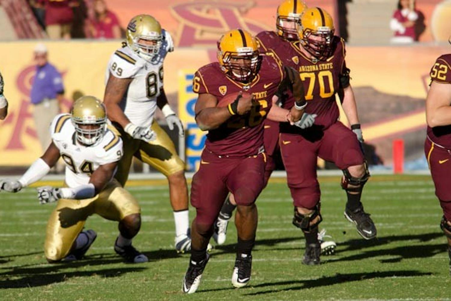 CHARGING FORWARD: Sophomore running back Cameron Marshall sprints downfield during Saturday's 55-34 ASU win over UCLA. Marshall finished the game with a touchdown and 148 yards on 17 carries, including a 71-yard touchdown run. (Photo by Aaron Lavinsky)