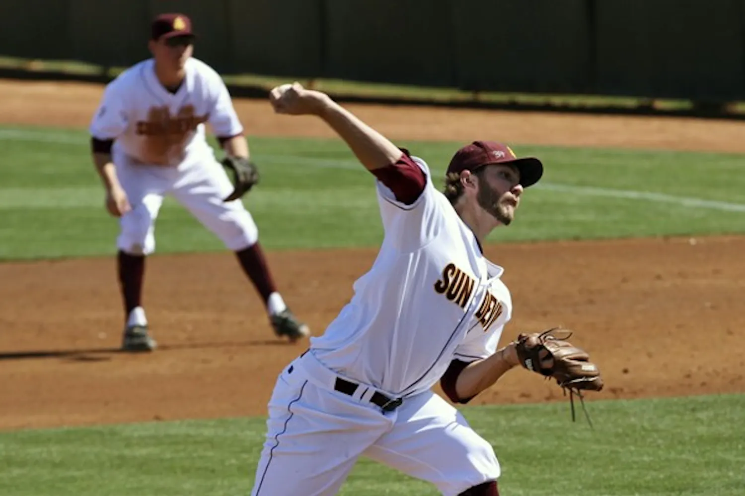 Trevor Williams throws a pitch in a game against UC Riverside on Feb. 26. Williams and the ASU pitching staff look to give the Sun Devils their best chance at bouncing back from a sweep when they host Oregon State this weekend. (Photo by Sam Rosenbaum)