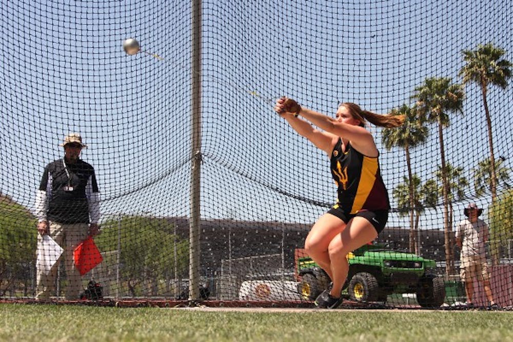 Redshirt junior Chelsea Cassulo rotates her body one more time before letting go in the hammer throw competition in the Sun Angel Classic on April 5. Cassulo earned her eighth win in the last nine meets this weekend. (Photo by Abhiram Chandrashekar)