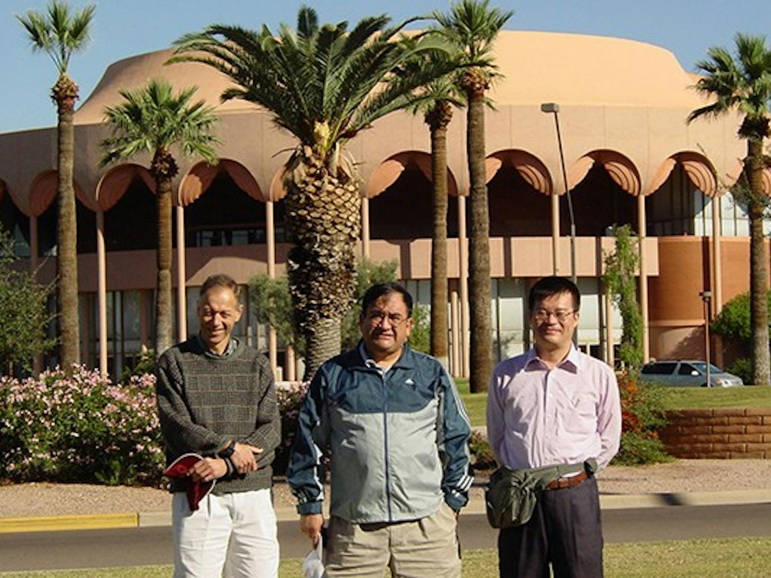 Fernando Ponce with ASU professor David Cherns and Nobel Laureate Hiroshi Amano in front of Gammage Auditorium. (Photo Courtesy of Fernando Ponce)
