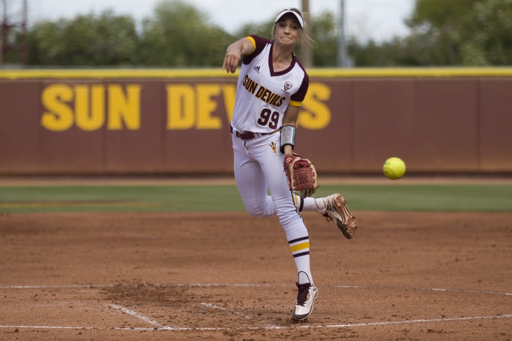 ASU junior pitcher Breanna Macha (99) pitches the ball during game one of a three game softball series versus the Oregon State Beavers at Alberta B. Farrington Softball Stadium in Tempe, Arizona on Saturday, March 25, 2017. ASU won 8-0.