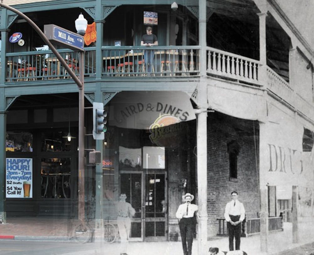 The Exterior of Laird and Dines Pharmacy in 1900, present-day site of Blondies on Mill Avenue and 5th Street. (Photo courtesy of Tempe History Museum and Photo by Beth Easterbrook and John Sullivan)