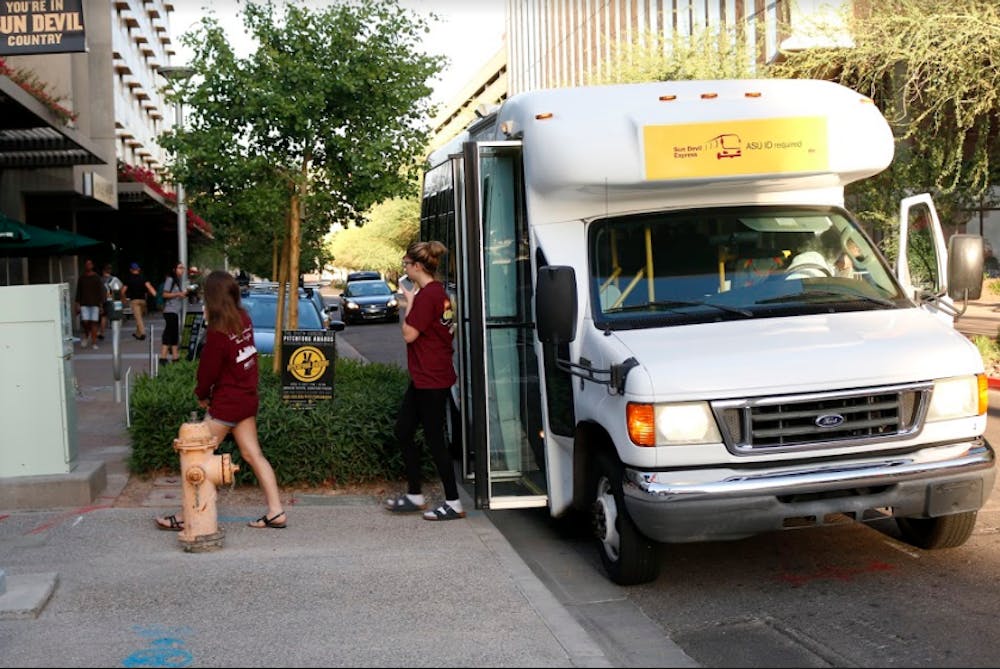 The Sun Devil Express picks up and drops off students from First and Taylor Streets in Downtown Phoenix, Arizona on Wednesday, April 12, 2017.
