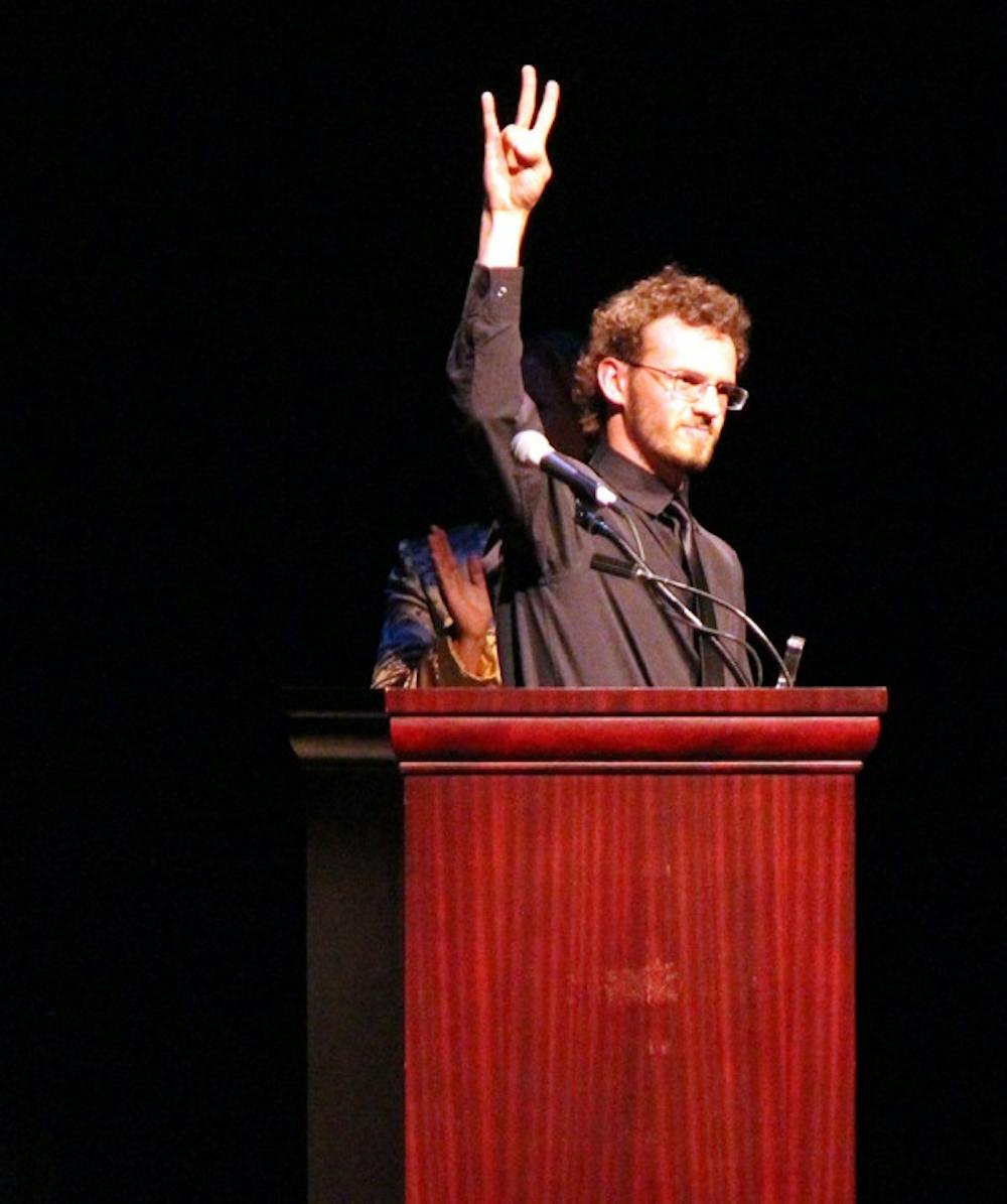 Travis Marshall won the Sun Devil Spirit Pitchfork Award on Tuesday night. He is known for his involvement in dance offs at sporting events, connections to many student organizations, and overall enthusiasm for being a sun devil. (Photo by Jenn Allen)