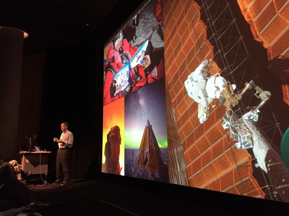Former astronaut Scott Parazynski speaks at an ASU School of Earth and Space Exploration lecture&nbsp;at the Marston Exploration Theater on ASU’s Tempe campus.