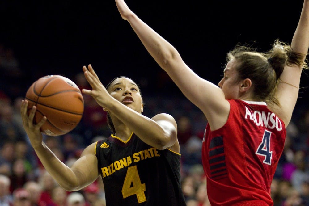 ASU freshman guard Kiara Russell (4) goes up for a layup with Wildcats guard Lucia Alonso guarding during a women's basketball game versus the University of Arizona Wildcats in McKale Memorial Center in Tucson, Arizona on Friday, Feb. 17, 2017. ASU lost the game, 62-58. (Josh Orcutt/State Press) 