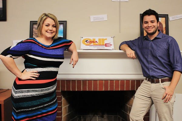 Former GPSA President Megan Fisks (left) poses with the current GPSA President German Cadenas at the Graduate Student Center in Tempe on Monday, Sept. 22, 2014. They both were influential in passing the pay-raise approved for teacher assistants at ASU. (Photo by Shiva Balasubramanian)
