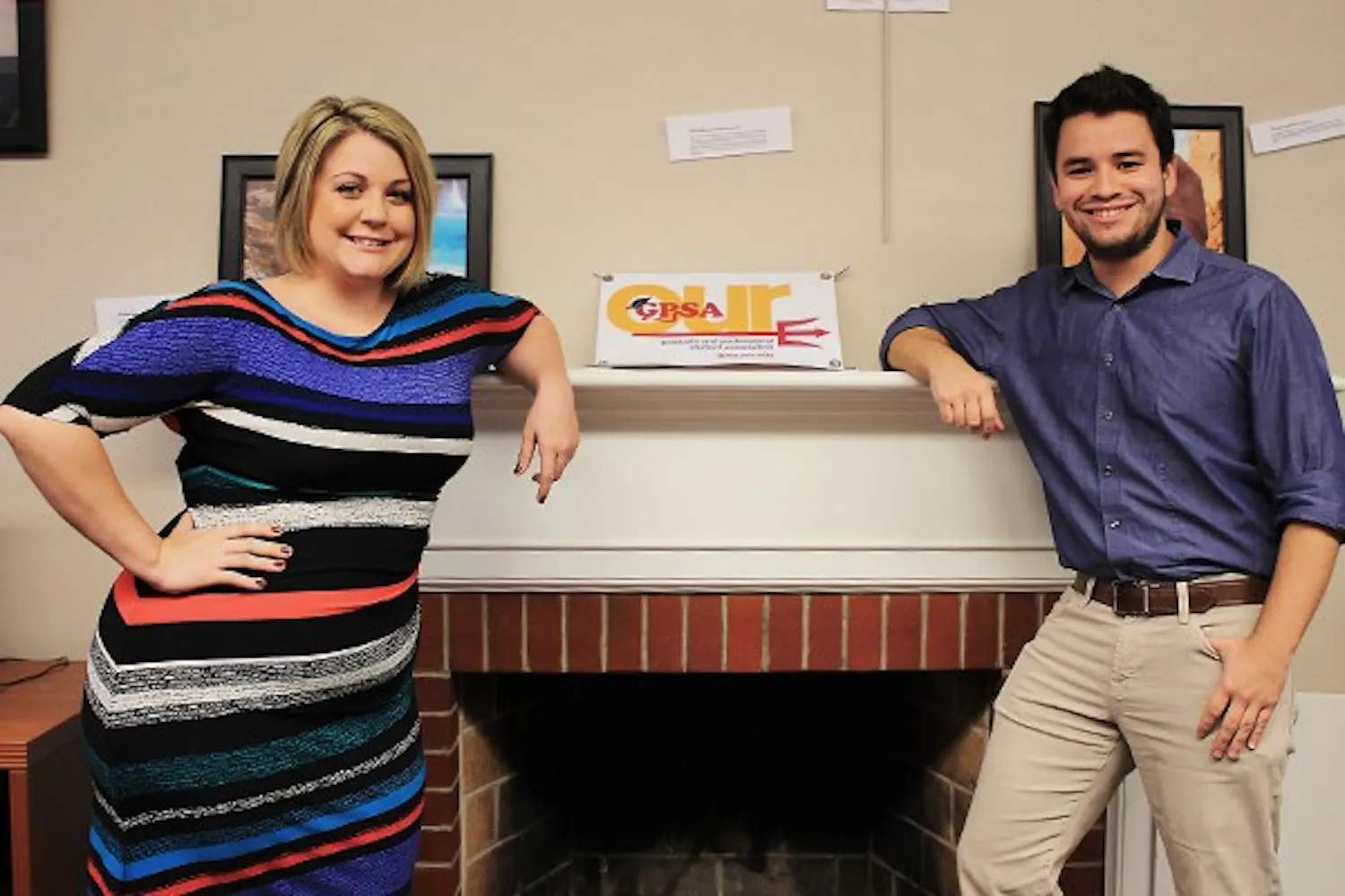 Former GPSA President Megan Fisks (left) poses with the current GPSA President German Cadenas at the Graduate Student Center in Tempe on Monday, Sept. 22, 2014. They both were influential in passing the pay-raise approved for teacher assistants at ASU. (Photo by Shiva Balasubramanian)