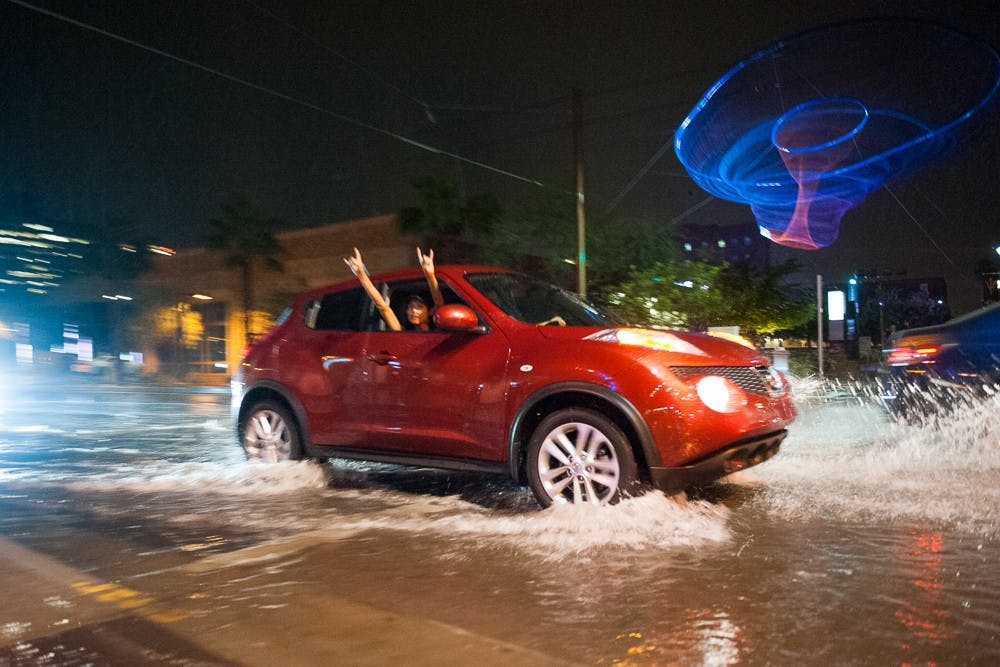 Rain pounds downtown Phoenix on Monday, Aug. 31, 2015. The downtown area received almost an inch of rain in an hour.