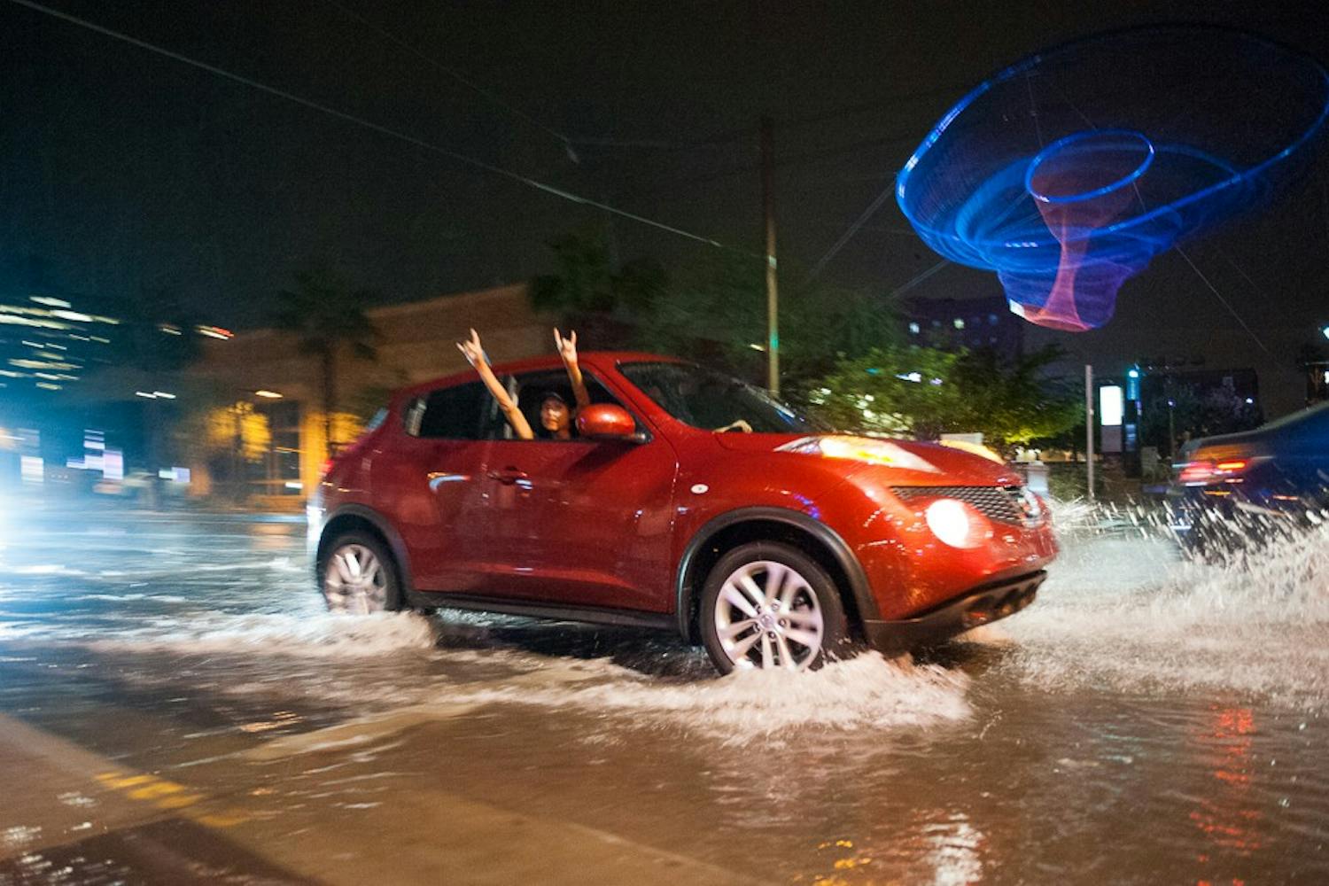 Rain pounds downtown Phoenix on Monday, Aug. 31, 2015. The downtown area received almost an inch of rain in an hour.