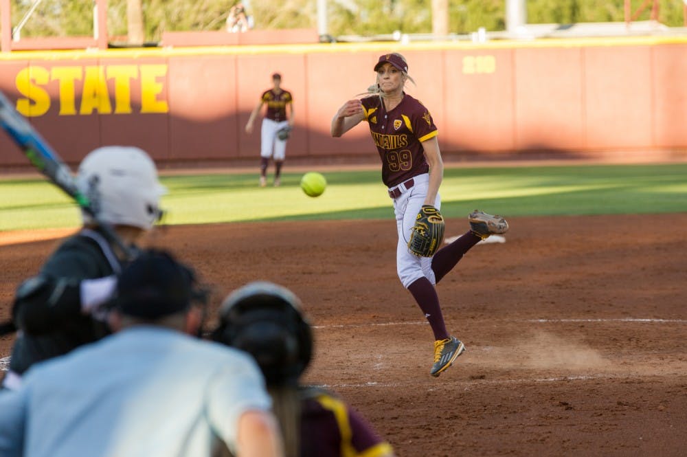 Sophomore pitcher Breanna Macha opened the Sun Devil home opener at Farrington Stadium in Tempe, AZ, on Thursday, Feb.11, 2016. 