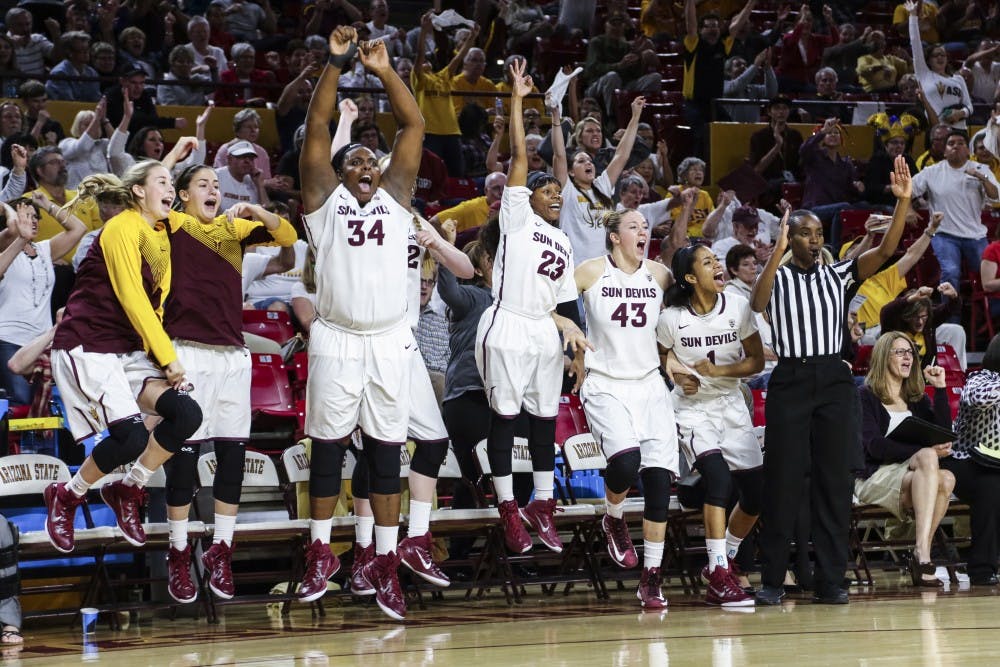 The Sun Devil bench erupts after ASU junior guard Katie Hempen hits a 3-pointer late in the second half vs. Stanford women’s basketball on Feb. 6, 2015, at the Wells Fargo Arena. (Daniel Kwon/The State Press)