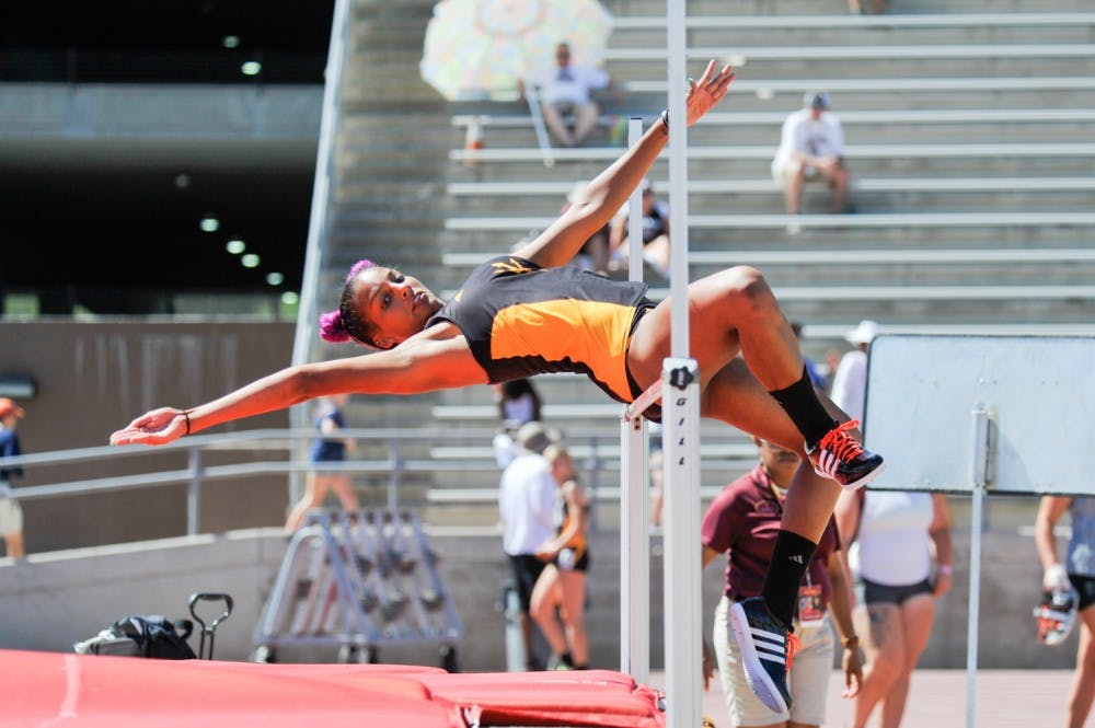 Sophomore Kendra Purifoye clears the bar during the women’s high jump competition&nbsp;for ASU track and field&nbsp;at the 2016 Baldy Castillo Invitational at Sun Angel Stadium in Tempe, AZ on Saturday, March 19, 2016.