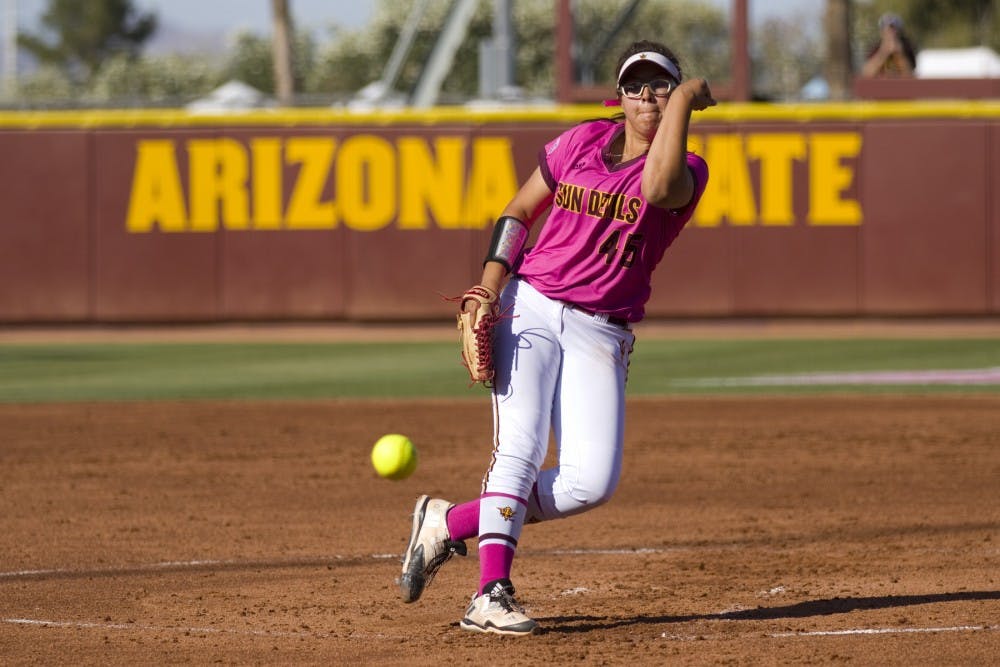 ASU freshman pitcher Giselle 'G' Juarez (45) pitches during game two of a softball series versus the no. 10 ranked Utah Utes at Alberta B. Farrington Softball Stadium in Tempe, Arizona on Saturday, April 22, 2017. ASU lost 7-6.