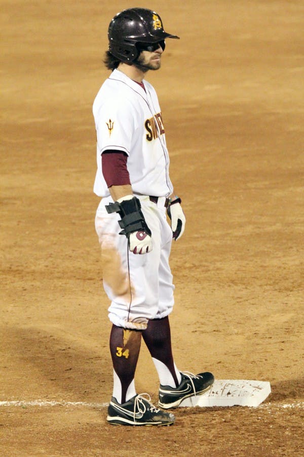 Andrew Aplin stands on third base after hitting a triple in a game against Texas Tech on March 6. Aplin and the Sun Devils took two of three games against visiting Cal last weekend. (Photo by Tyler Emerick)