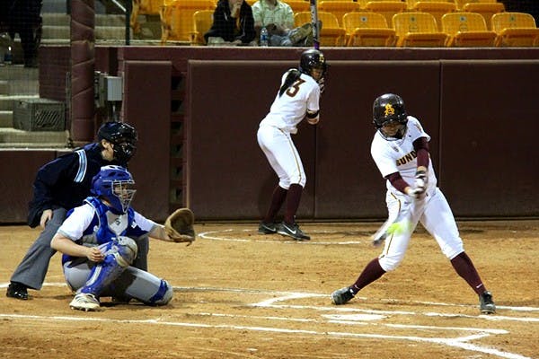 Senior shortstop Cheyenna Coyle bats, scoring two bases against the Seton Hall Pirates, at Farrington Stadium on Feb. 21 during the Diamond Devil Invitational. ASU won 12-1.  (Photo by Becca Smouse)