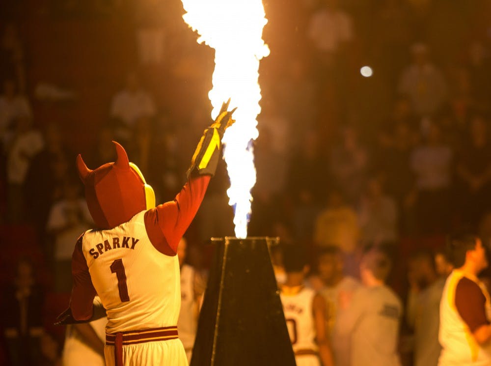 ASU mascot Sparky leads pregame festivities before a game against the Oregon State Beavers at Wells Fargo Arena in Tempe, Arizona, on Thursday, Jan. 28, 2015. The Sun Devils took the win over the Beavers, 86-68.