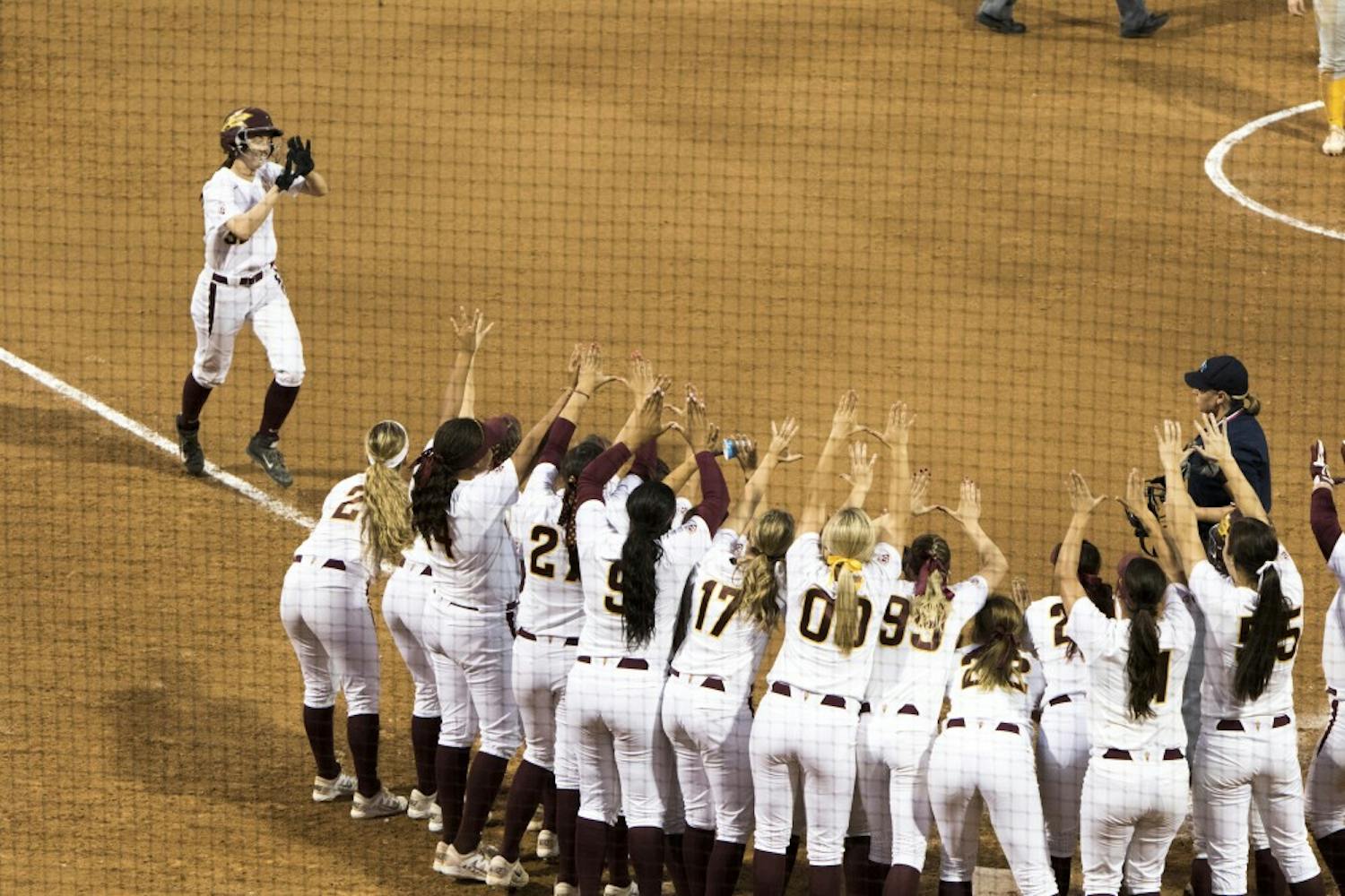 Freshman Brynley Steele celebrates after hitting a game-tying homerun in the bottom of the fifth inning against California at Farrington Stadium in Tempe  on Friday March 20, 2015. The Sun Devils defeated the Bears 8-7. (Jacob Stanek/ The State Press)