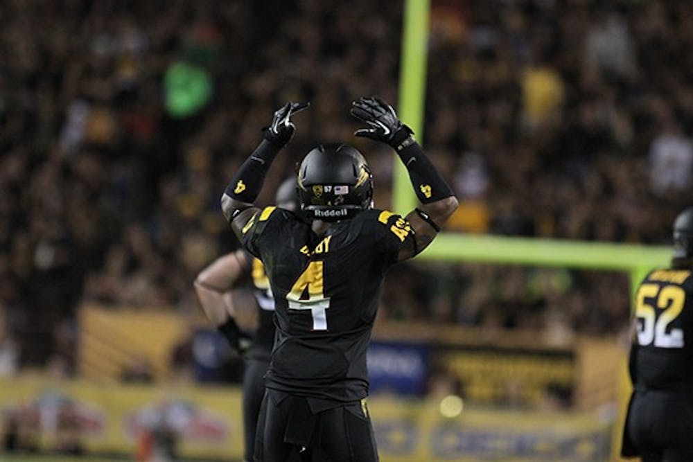 Senior defensive back Alden Darby gets the crowd pumped up at a home game in Sun Devil Stadium. This week, the Sun Devils travel to Utah to face the Utes. (Photo by State Press Staff)
