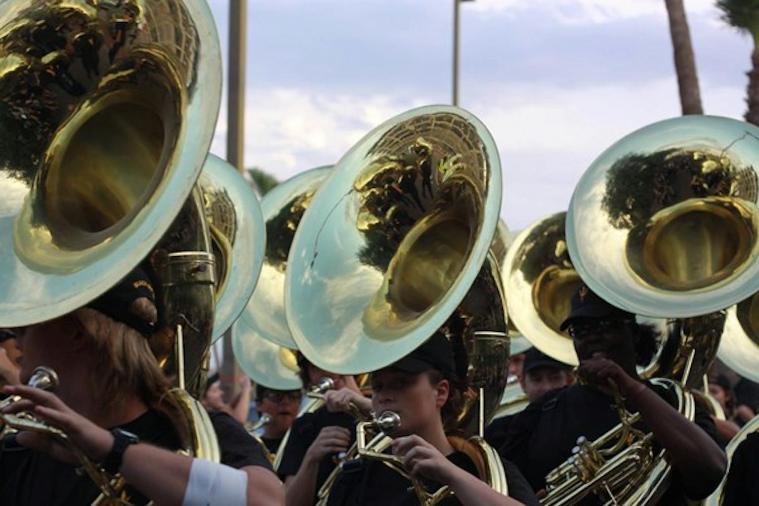 MARCHING TUNE: Sousaphone players from the ASU marching band play outside the Sun Devil Stadium when ASU played Missouri Sept. 9. The Sun Devils will play their next home game against USC Saturday night. (Photo by Lillian Reid)