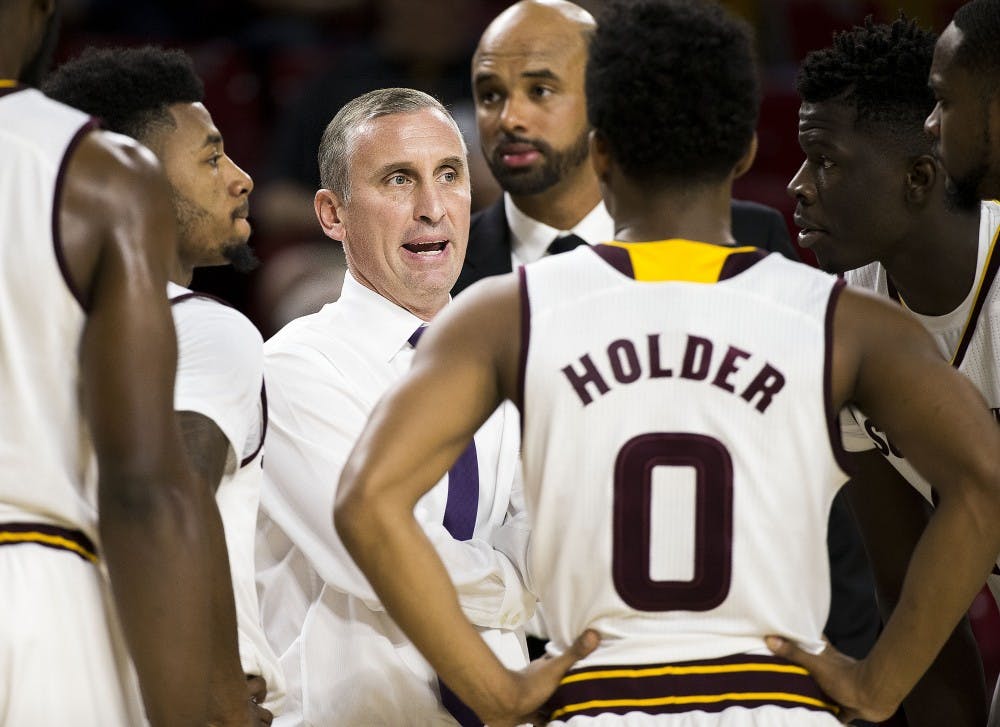 ASU head coach Bobby Hurley speaks to players during a timeout in a basketball game against the Citadel Bulldogs in Wells Fargo Arena in Tempe, Arizona, on Wednesday, Nov. 23, 2016. 