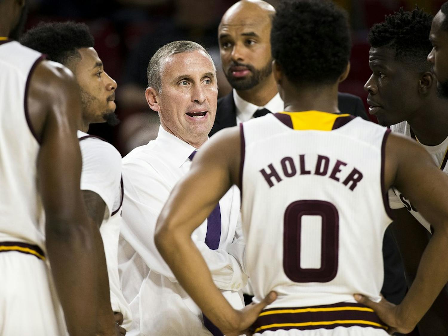 ASU head coach Bobby Hurley speaks to players during a timeout in a basketball game against the Citadel Bulldogs in Wells Fargo Arena in Tempe, Arizona, on Wednesday, Nov. 23, 2016. 