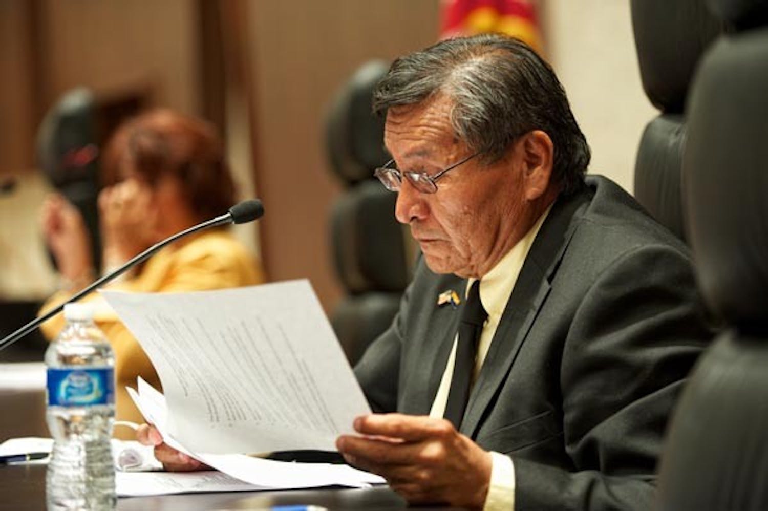 GREAT DEBATE: Navajo Nation Presidential candidate Ben Shelly looks over prepared remarks prior to his debate against Lynda Lovejoy held in Armstrong Hall on the Tempe campus. (Photo by Michael Arellano)