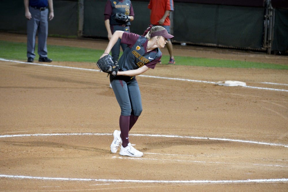 ASU freshman Breanna Macha pitches to Ole Miss, Friday Feb. 6, 2015, at Farrington Stadium in Tempe. The Sun Devils won 6-3. (Krista Tillman/The State Press).