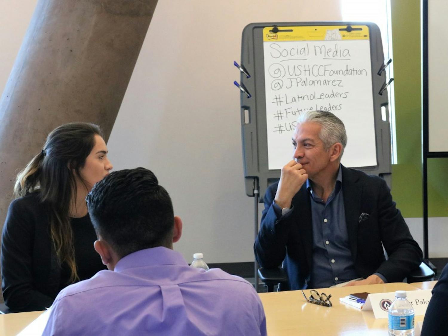 United States Hispanic Chamber of Commerce President and CEO Javier Palomarez speaks with Latino students in McCord Hall on Thursday, April 20, 2017.