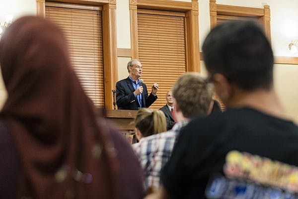 Democratic secretary of state candidate Terry Goddard speaks with attendees at Sparking Democracy, Tuesday, Oct. 28, 2014 at Old Main in Tempe. The event was sponsored by Undergraduate Student Government to give students a chance to learn about the candidates in the upcoming state election.