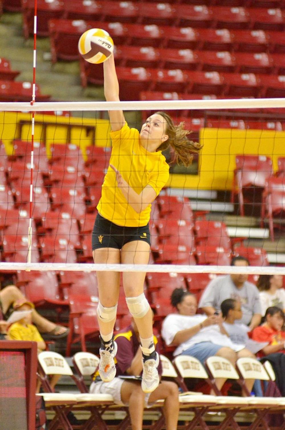 LIFTOFF: ASU redshirt freshman outside hitter Kylee Terhune spikes the ball in the Sun Devils’ Alumnae Match in August. ASU volleyball dropped two games at the Carolina Classic over the weekend. (Photo by Aaron Lavinsky)