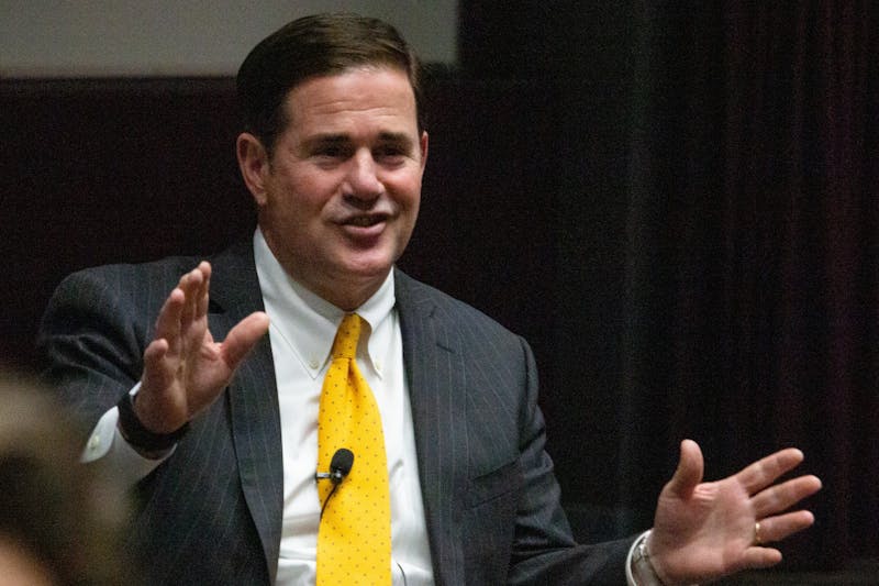 Gov. Doug Ducey addresses the crowd at a talk titled “The Future of Education in Arizona” on Thursday, Feb. 27, 2020, at Coor Hall on the Tempe campus.