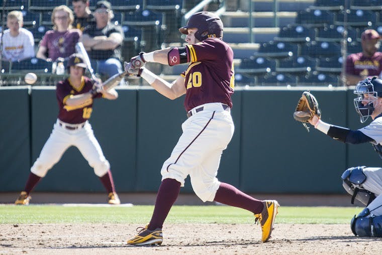 Sophomore outfielder Sebastian Zawada hits during a game against Xavier at Phoenix Municipal Stadium on Saturday, Feb. 20, 2016. The Sun Devils won the matchup, 2-1.