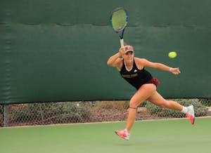 ASU senior tennis player Kassidy Jump competes in a singles match against Ohio state Whiteman Tennis Center in Tempe, Arizona on Sunday, March 3, 2017.