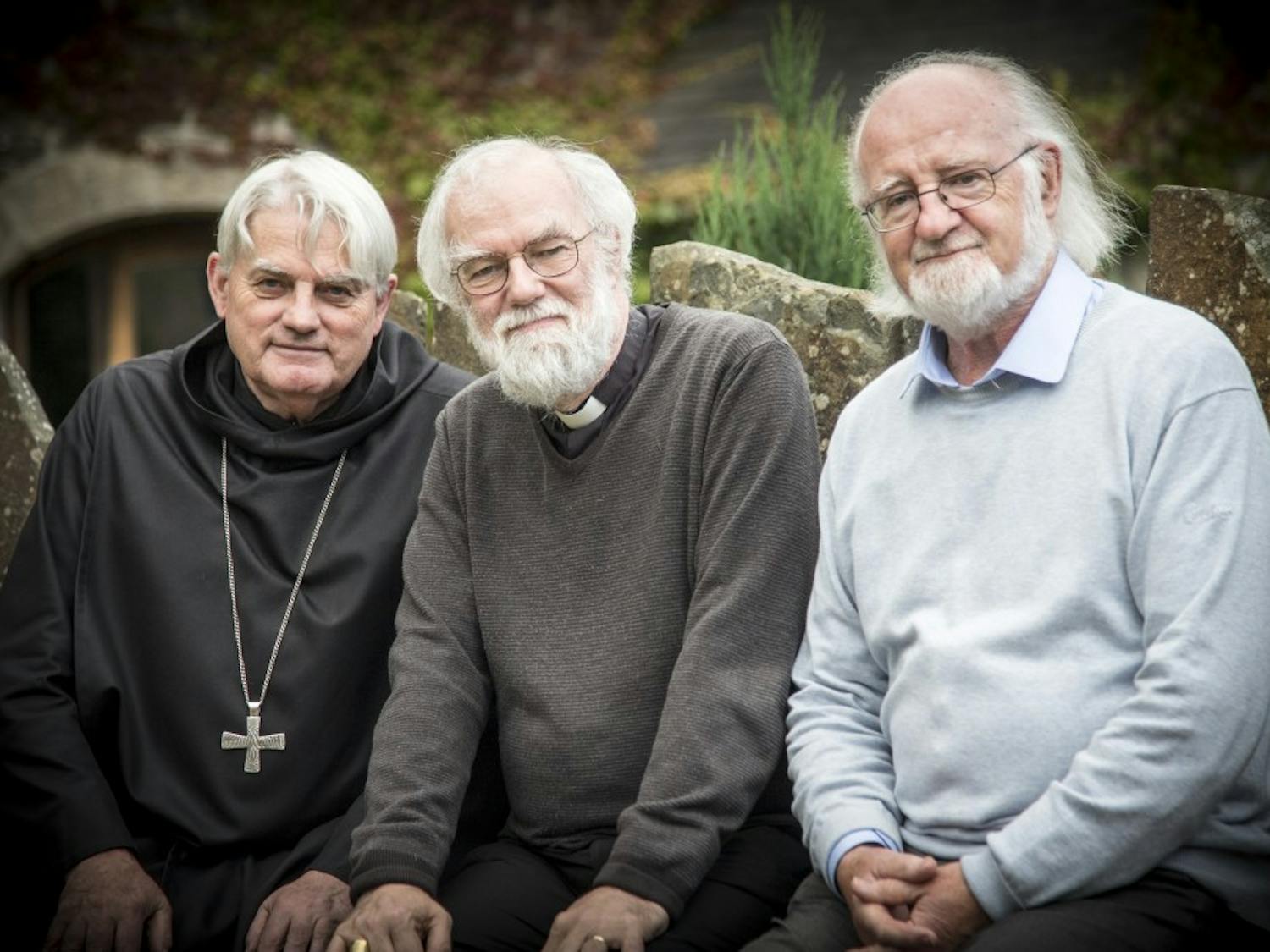 From left, abbott Mark Patrick Hederman,&nbsp;bishop Rowan Williams and poet&nbsp;John F. Deane pose for a photo&nbsp;at a retreat offered by Deane and Williams to the monks of Glenstal Abbey.