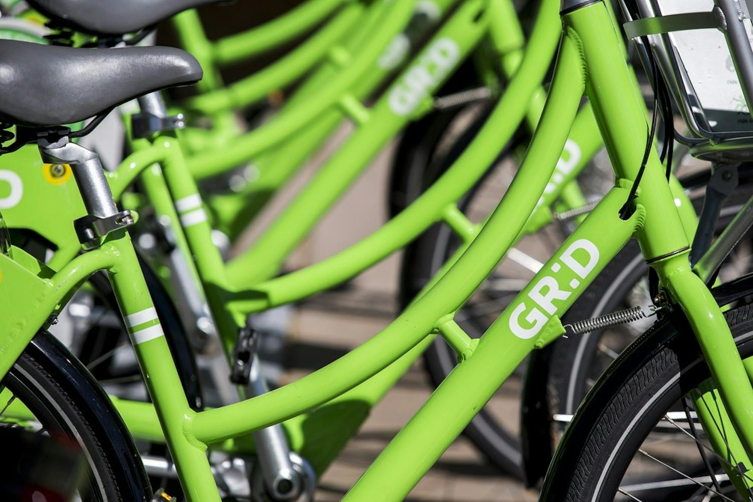 A row of GR:D Bikes sits on the corner of 5th Street and Van Buren Street in downtown Phoenix on Friday, Sept. 25, 2015. The Phoenix City Council recently voted to expand the bike-sharing program for a total of 500 bikes across the city.