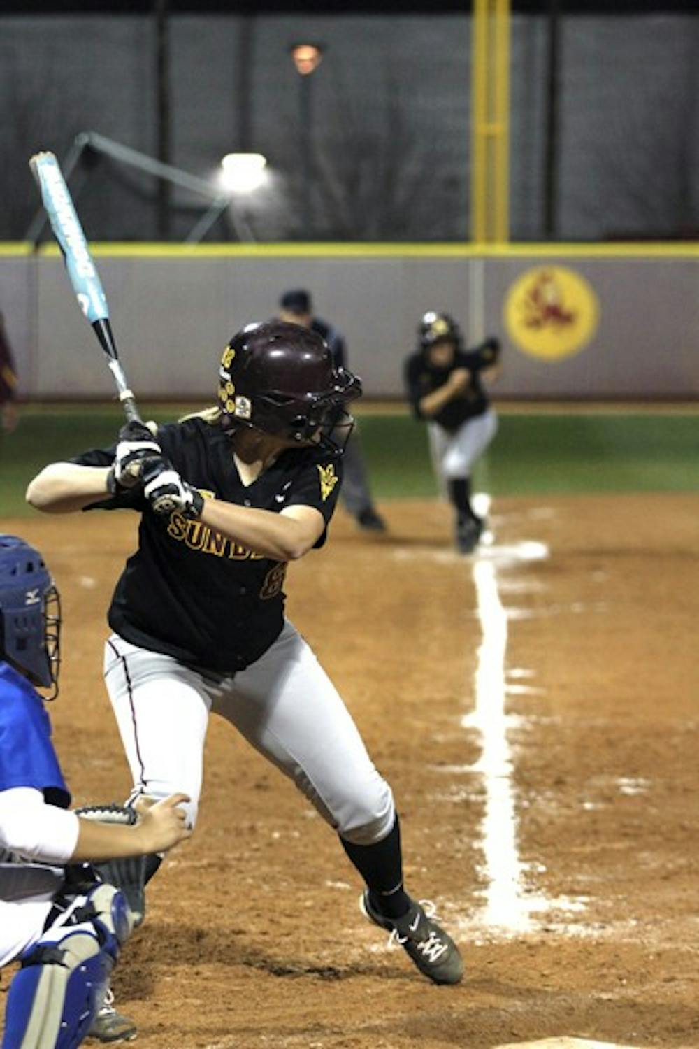 Senior outfielder Annie Lockwood bats in the Kajikawa Classic on Thursday. Lockwood and the Sun Devils easily beat their first two opponents of the tournament. (Photo by Sam Rosenbaum)