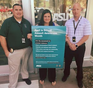 Photo taken by ASUPD PIO Katy Harris. From left to right, Detective Nate Thompson, Lynn Spillers, Detective Travis Smith.&nbsp;