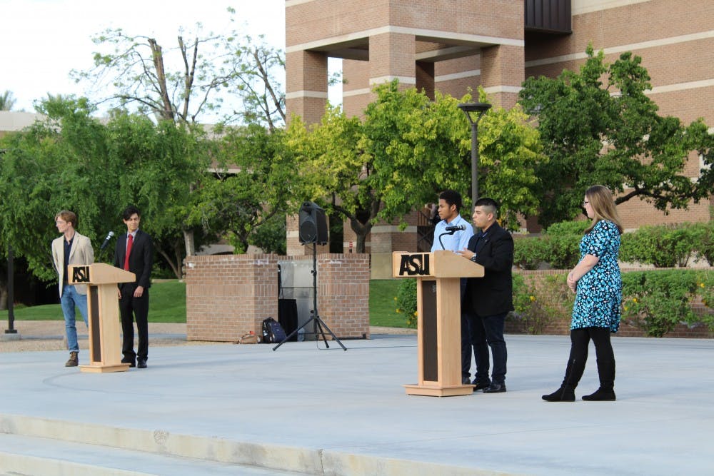 From left,&nbsp;Paul Max Putnam (vice president&nbsp;of services candidate)&nbsp;and&nbsp;Attilio Kanakao‘olani Leonardi (candidate for president) debate Michael Childs (vice president of services candidate), Frank Melgar (vice president of policy candidate) and Natasha Snider (candidate for president) at ASU's West campus on Wednesday, March 22, 2017.