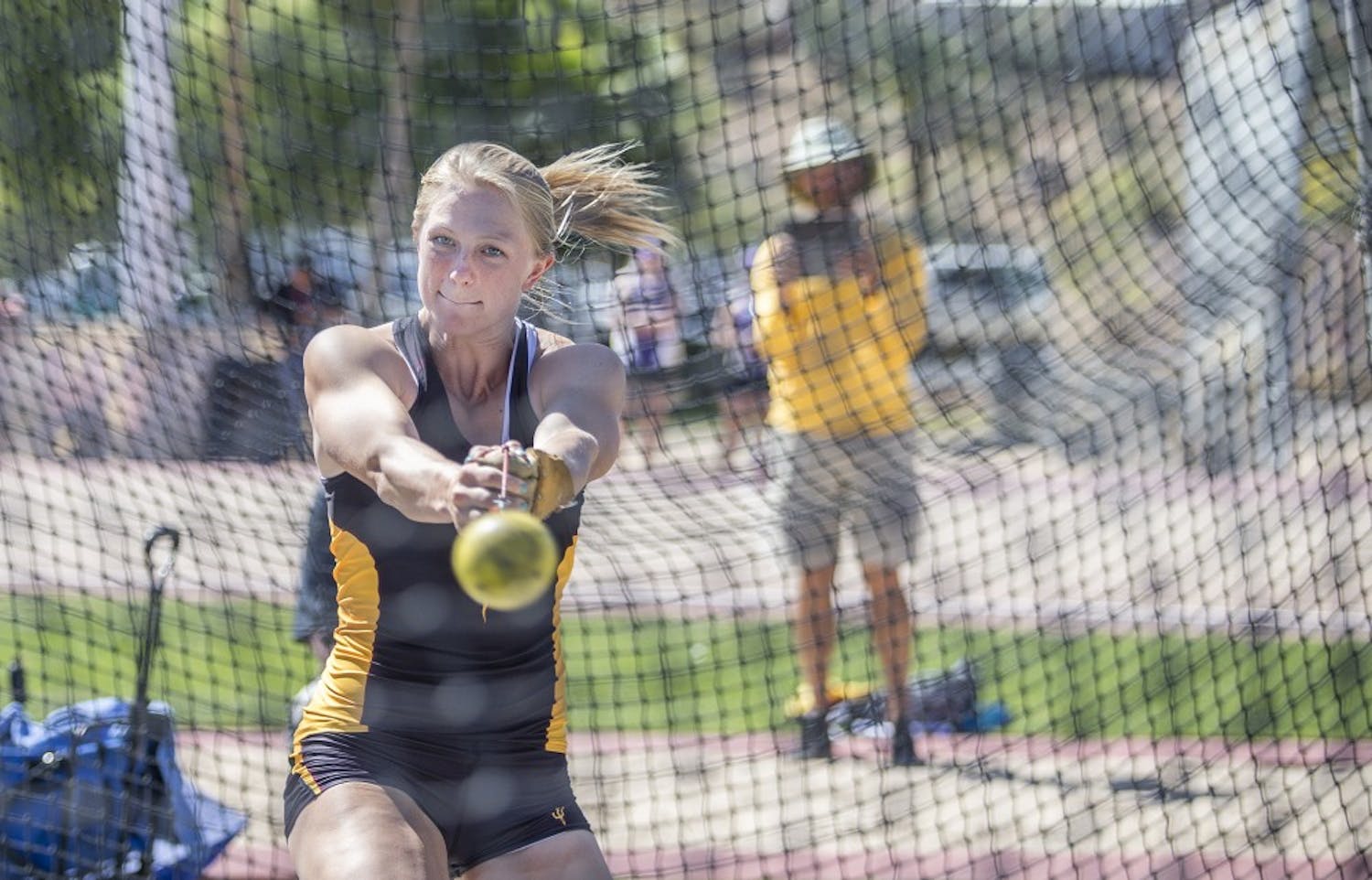 ASU's Maggie Ewan winds up in the second flight of the women's hammer throw during the first day of the 2016 Pac-12/Big Ten Invitational track meet at Sun Angel Stadium in Tempe, Arizona, on Friday, March 25, 2016. 